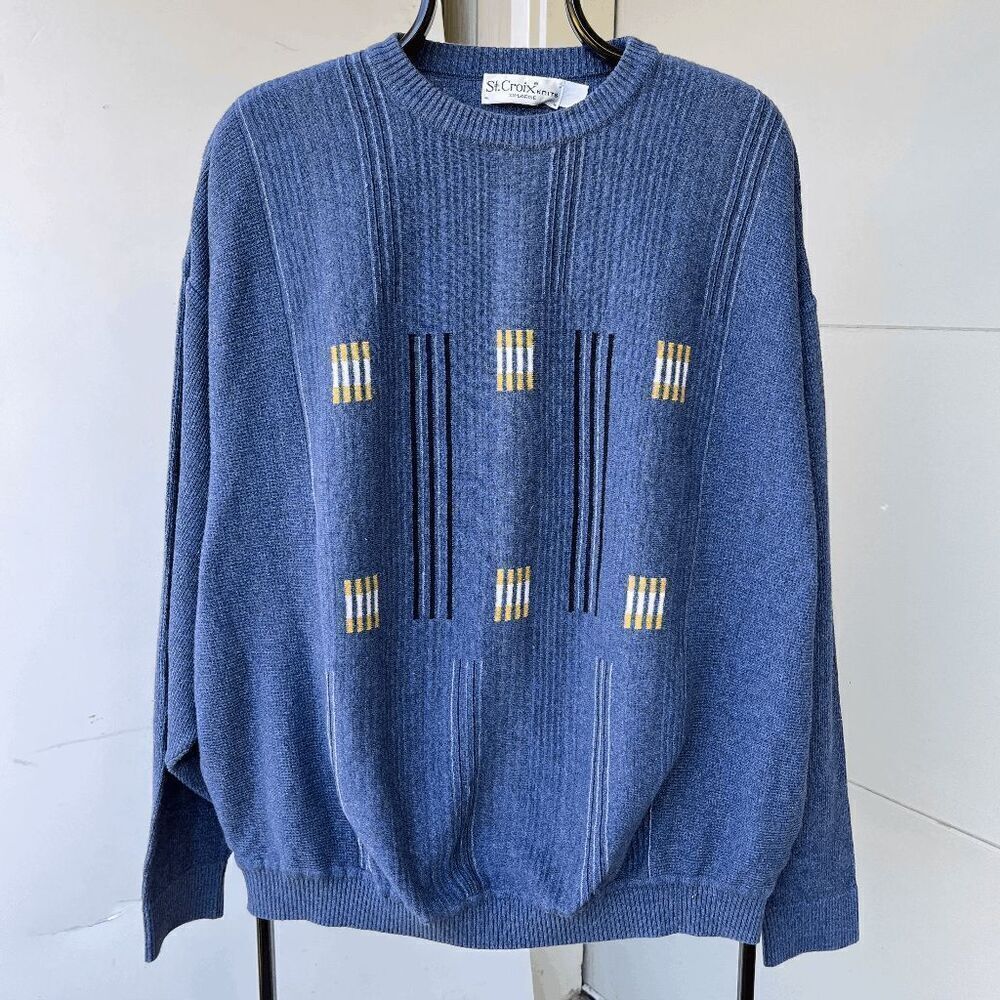 Vintage St. Croix Knits XXL Blue Geometric Midweight Knit Sweater - XXL